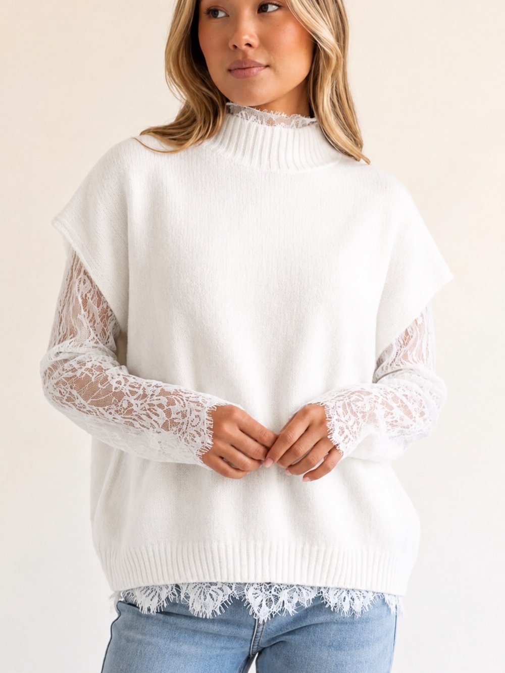 Q2 White Lace-Trim Crewneck Sweater Vest